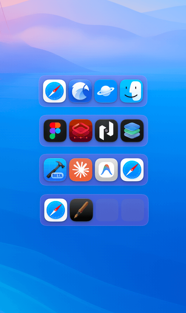 Four Tiles widgets pinned to the desktop wallpaper, each a row of app icons.
