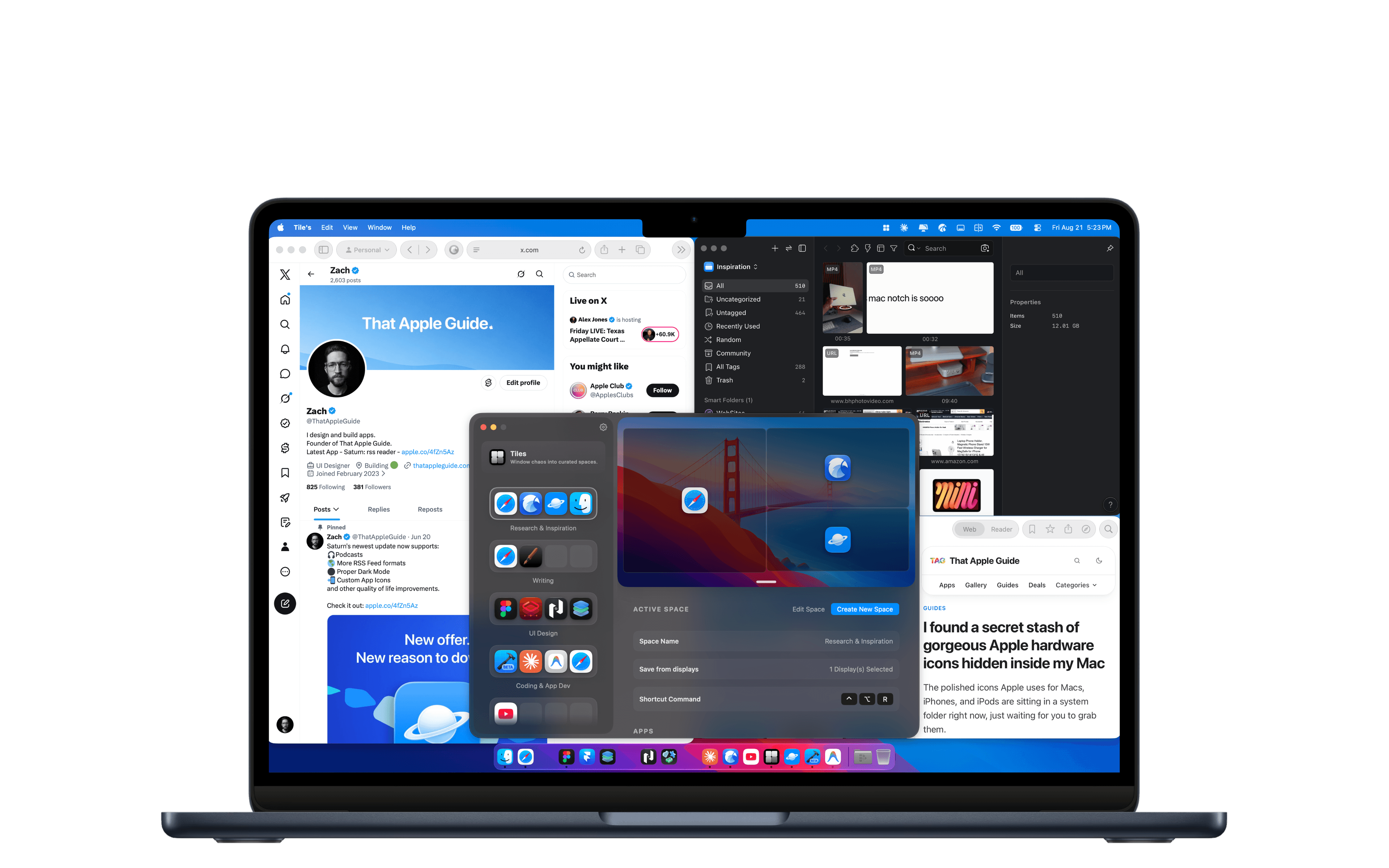 A MacBook running Tiles: a saved space is being applied, snapping a browser, a media library and a reader into place across the desktop.